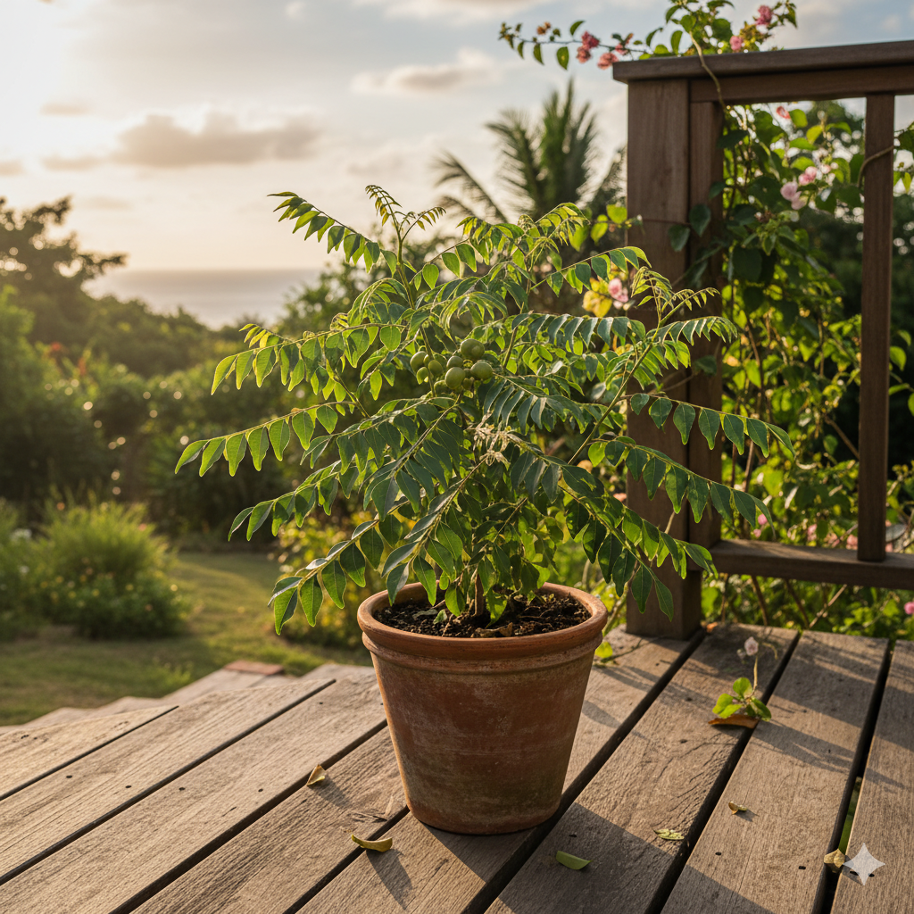Healthy mature curry leaf plant in terra cotta pot