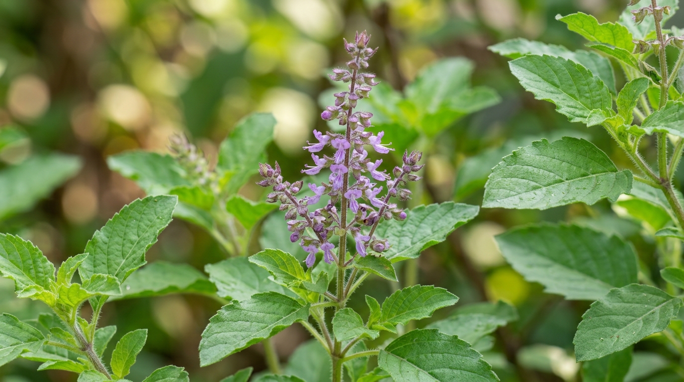 Close-up of Tulsi flower bud manjari spike and healthy leaves