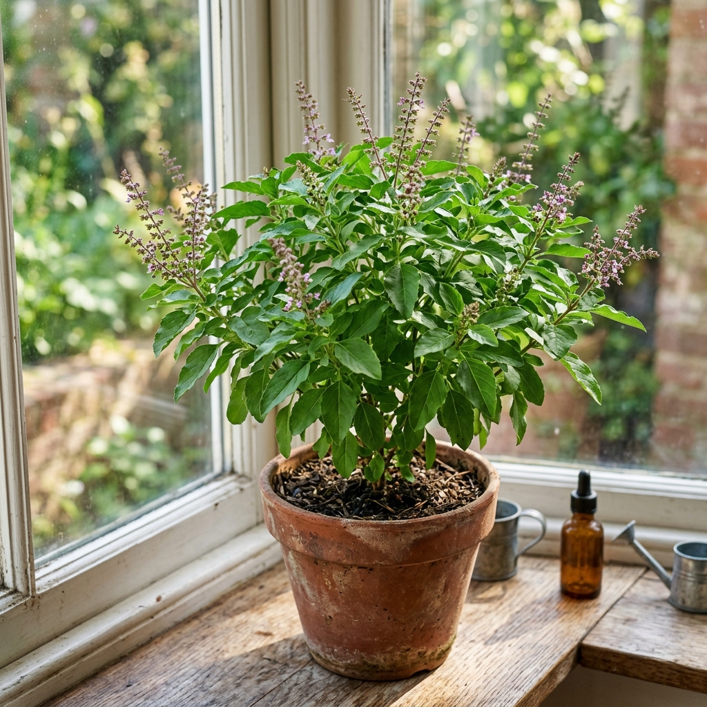 Thriving potted Tulsi holy basil plant with lush green leaves in terracotta pot